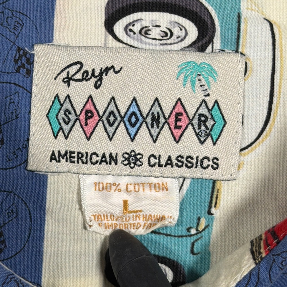 Vintage Reyn Spooner Hawaiian Shirt Mens L Blue Classic Corvette Car Print 60's - Picture 3 of 7